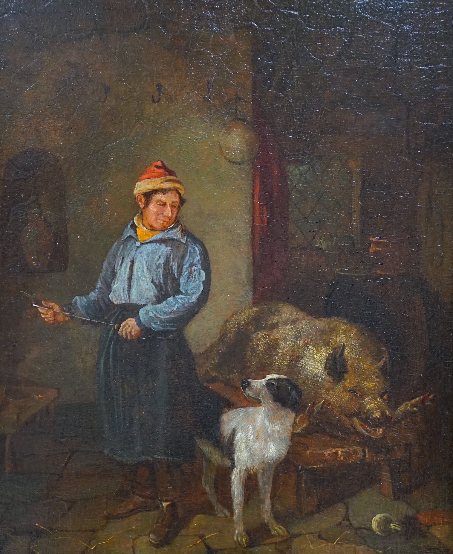 After George Morland (1763-1804), oil on oak panel, Interior with a figure preparing to butcher a pig, unsigned, 31 x 25cm